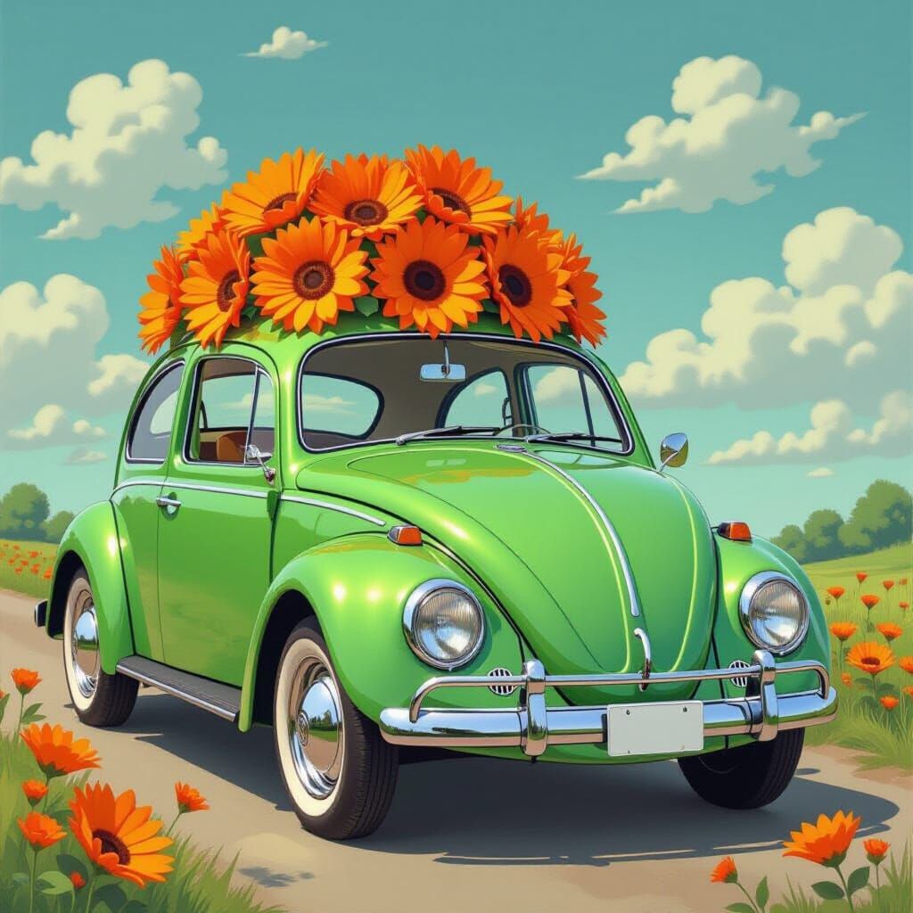 Green Beetle with Daisies in Dreamy Whimsical Style