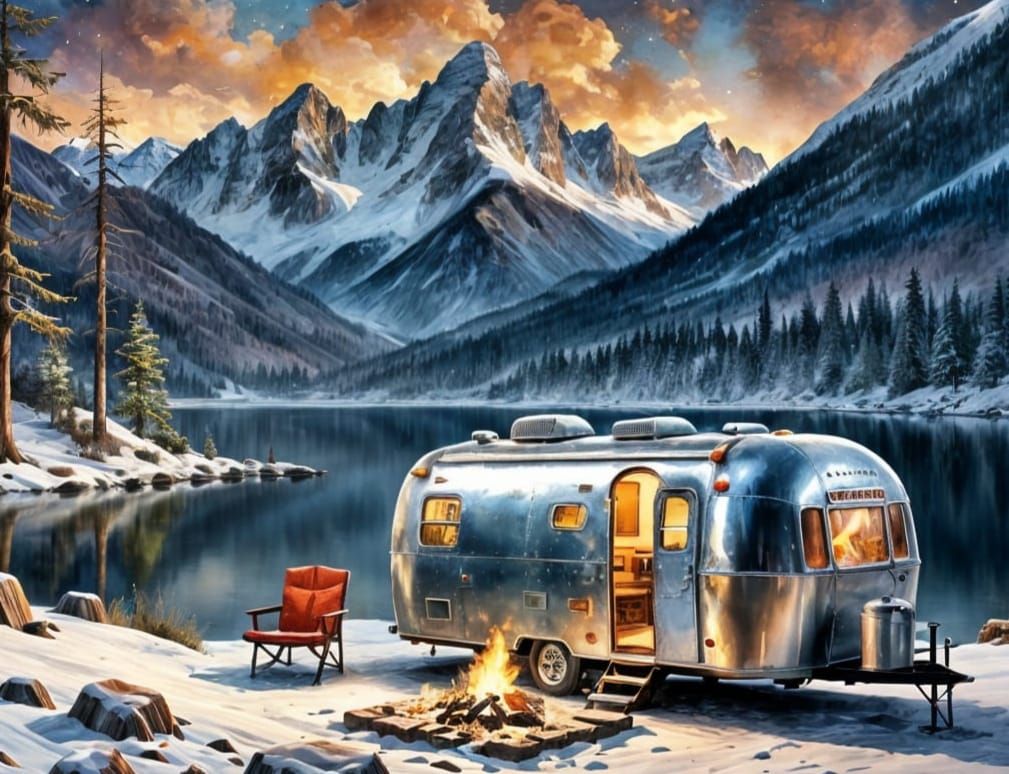 Vintage Airstream by a Serene Winter Lake