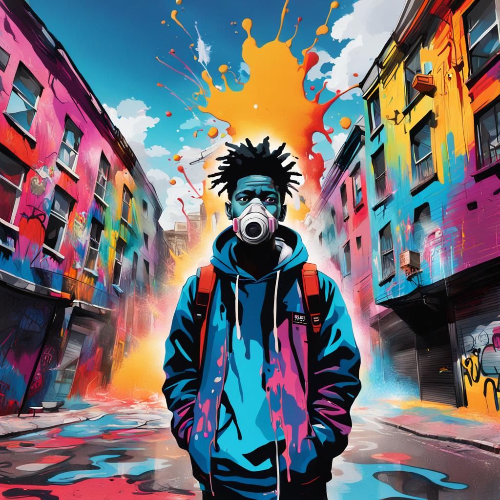 Teenager in Melting Cityscape Graffiti Art