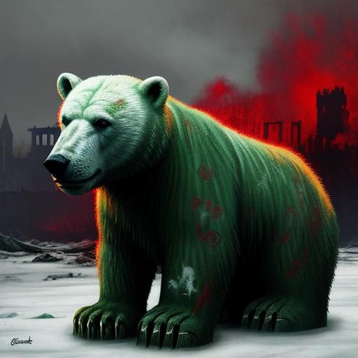 stunning Celtic extremely dirty abandoned and ruined polar bear with Celtic Graffiti. Chiaroscuro. Red mood, green mist