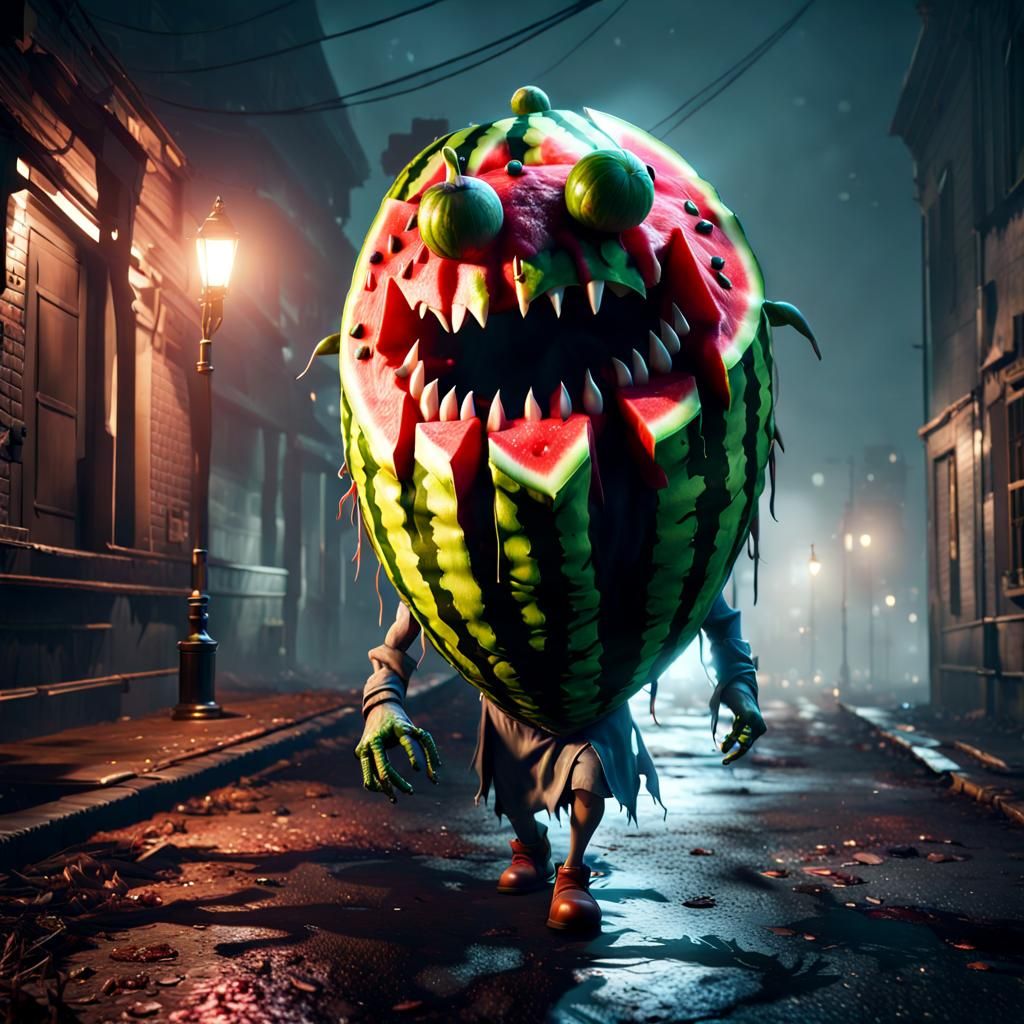 Zombie Watermelon Creature Prowls Foggy Streets