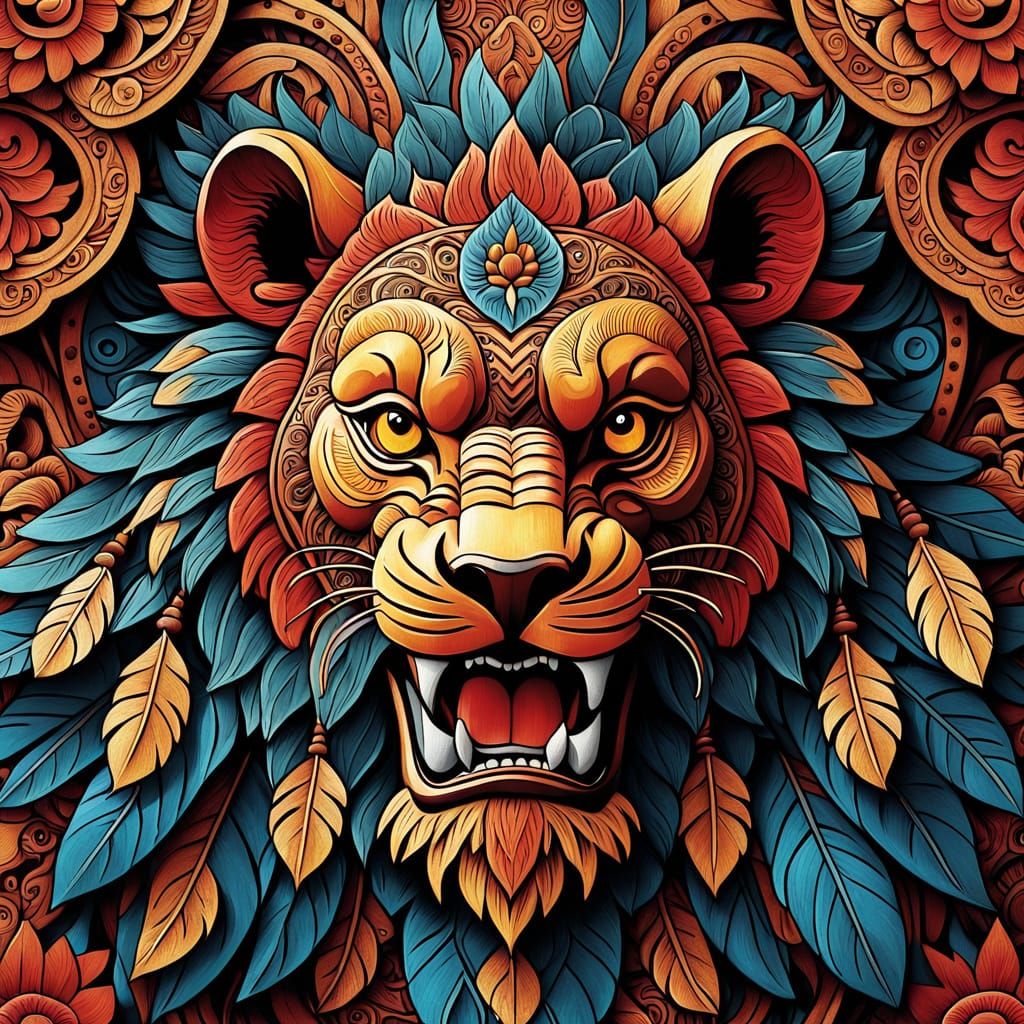 Barong Lion with Floral Script in Digital Art Style