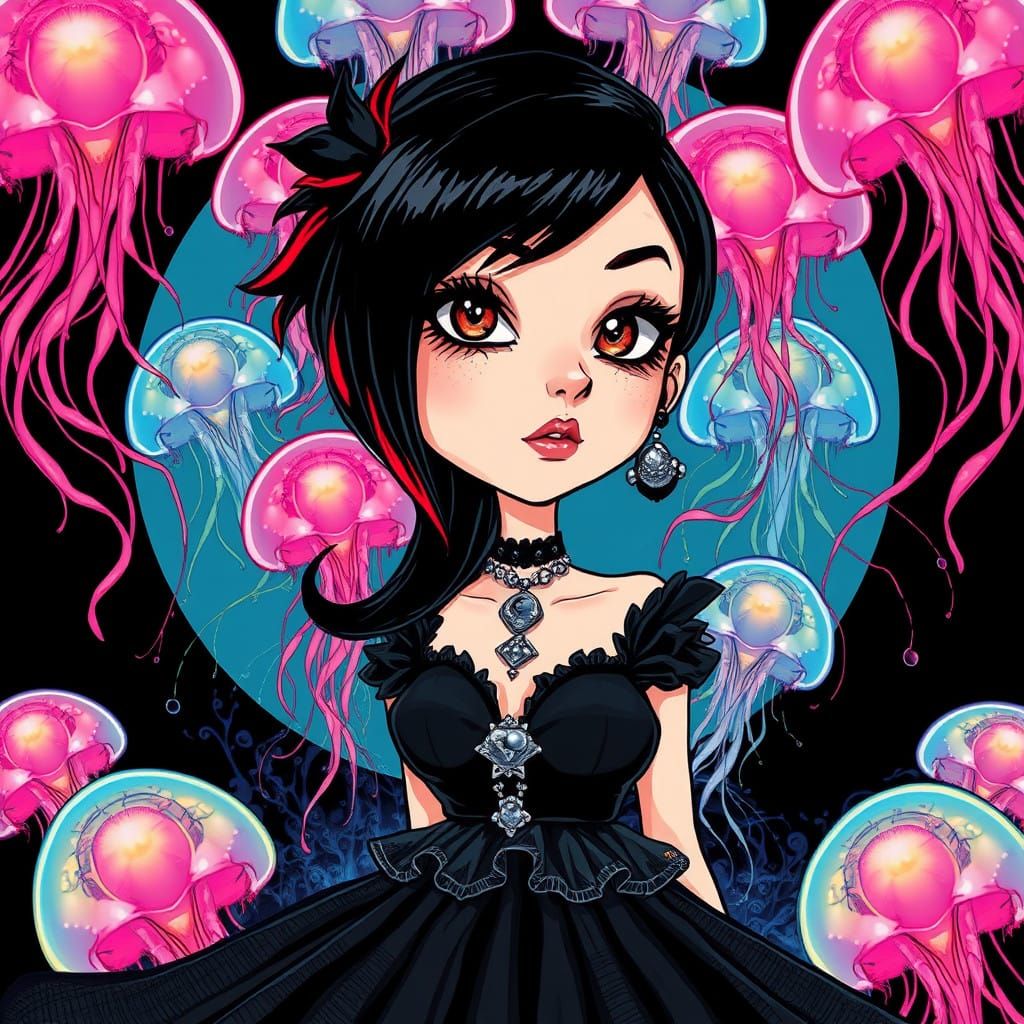 Gothic Emo Goddess Amidst Glowing Jellyfish in Art Nouveau S...