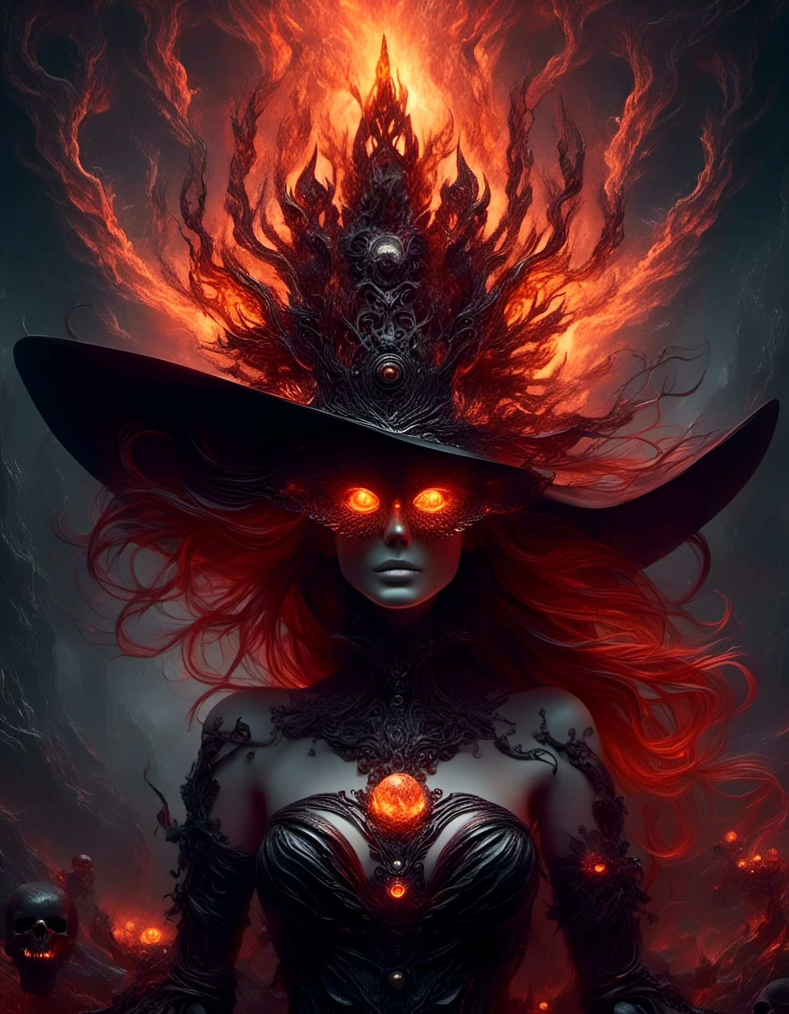 Obsidian Fire Sorceress in Dark Fantasy Style