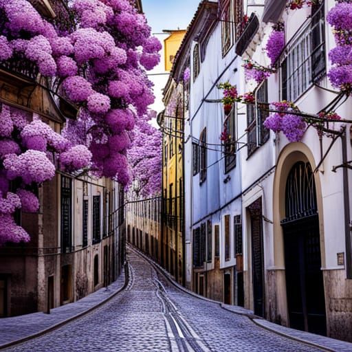 view of buildings on a traditional street in lisbon, portugal, with flowering jacarandas, art déco style