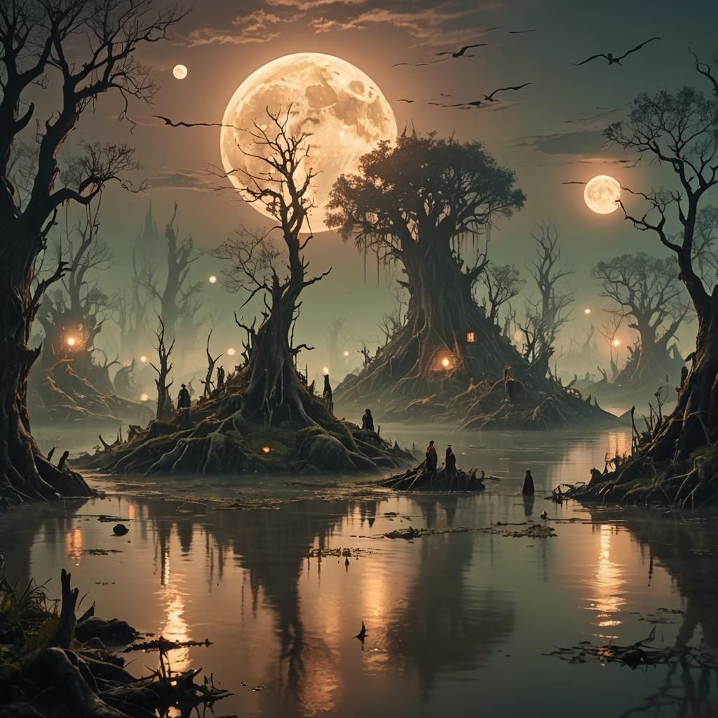 Wizards Gather on Swampy Island Under Full Moon