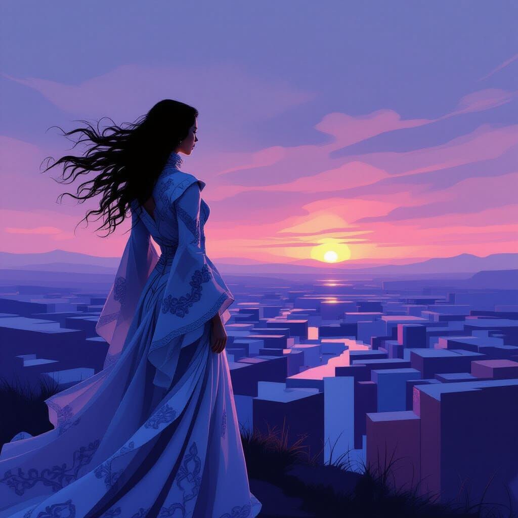 Sorceress in Twilight Landscape as Abstract Expressionism