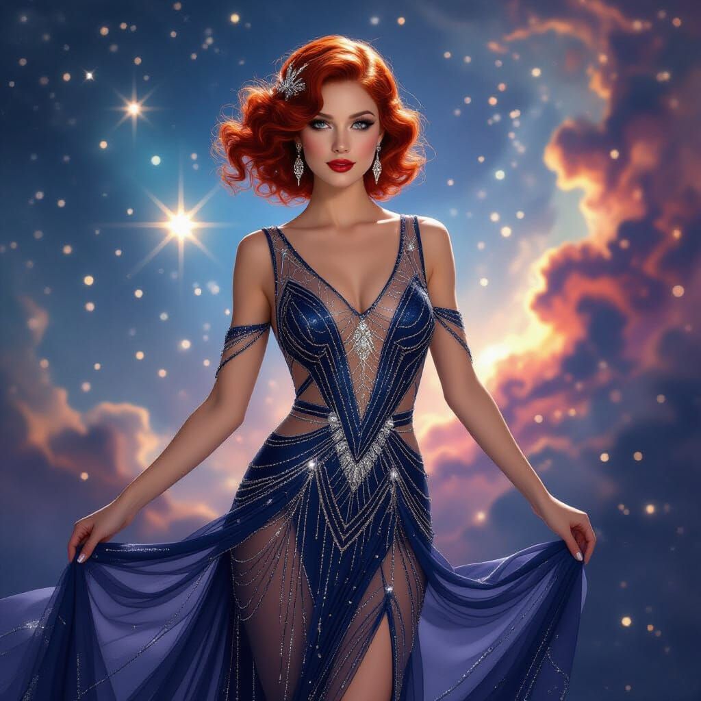 Woman in Art Deco Gown Amidst Starry Nebula