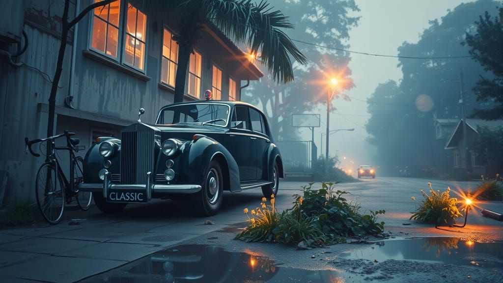 Classic Dark Blue Car on Misty Road