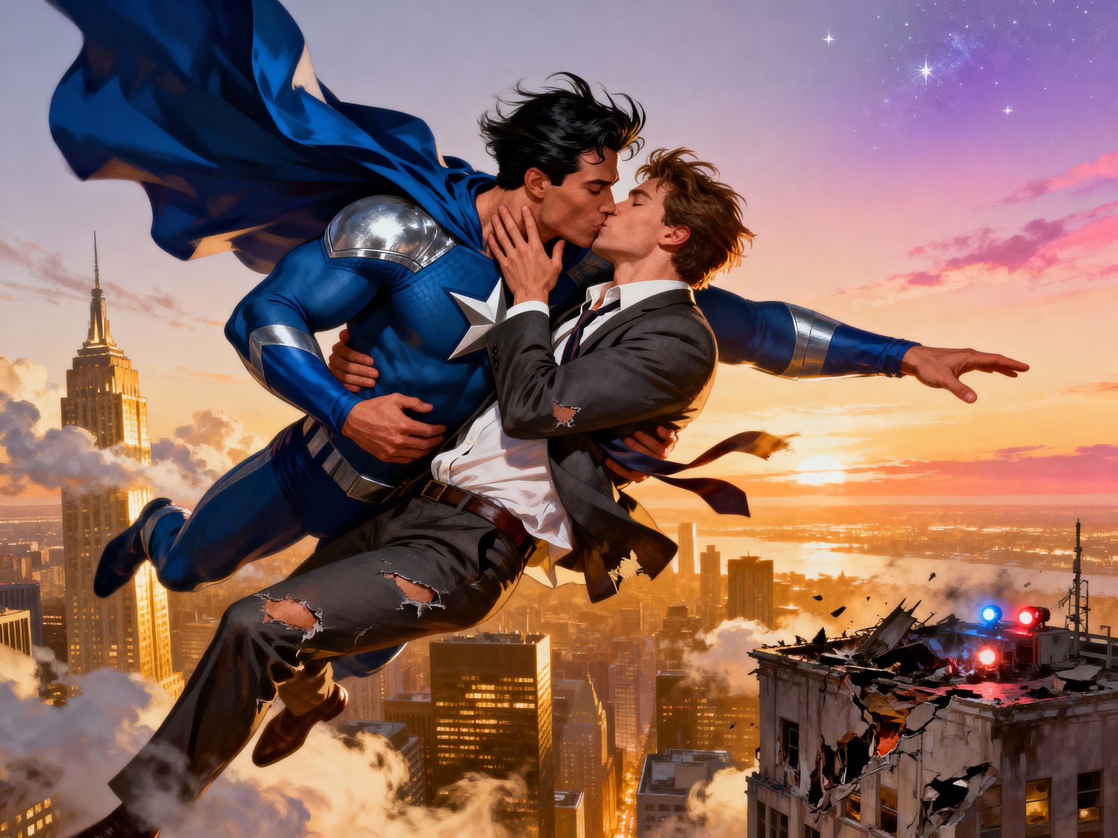 Superhero Rescues Man in Passionate Mid-Air Kiss