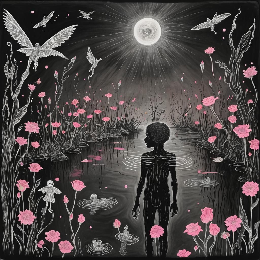 Kids Crayon drawing of the underworld ,surreal (child's drawing )of the under world, Death, the River Styx , with dead...