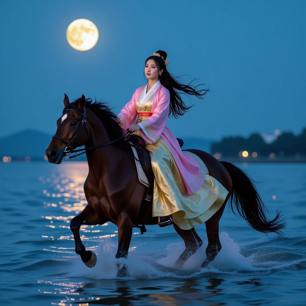 Girl on Horseback in Moonlight