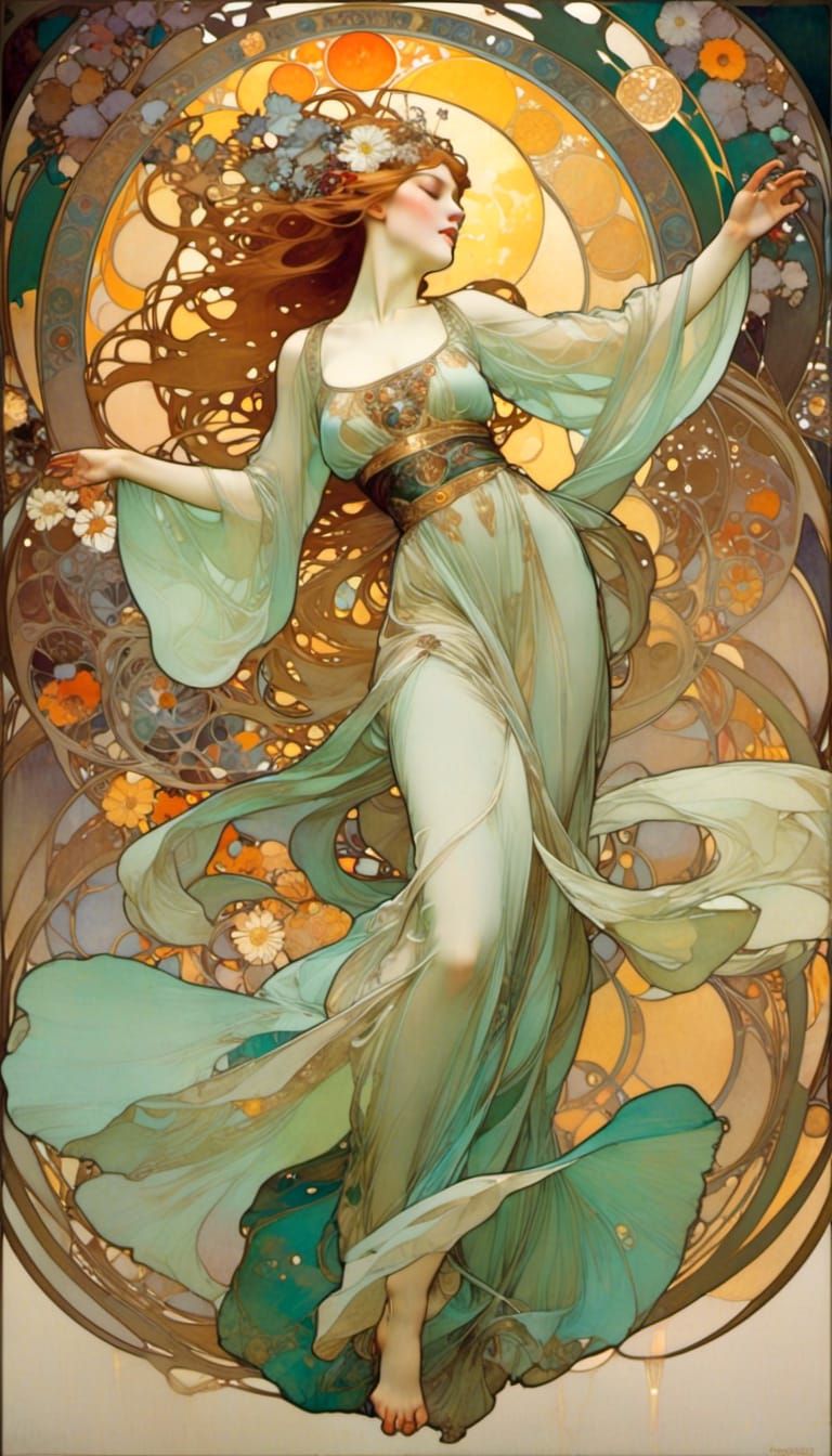 <lora:Art nouveau:1.0> The whirling dervish dances and dried flowers fly from her skirts