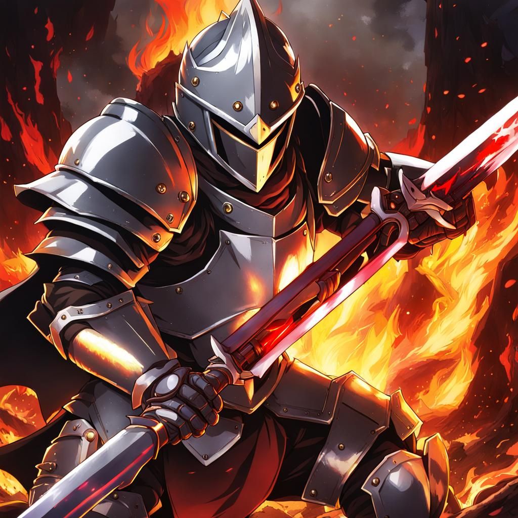 Armored Goblin Slayer in Fiery Battlefield