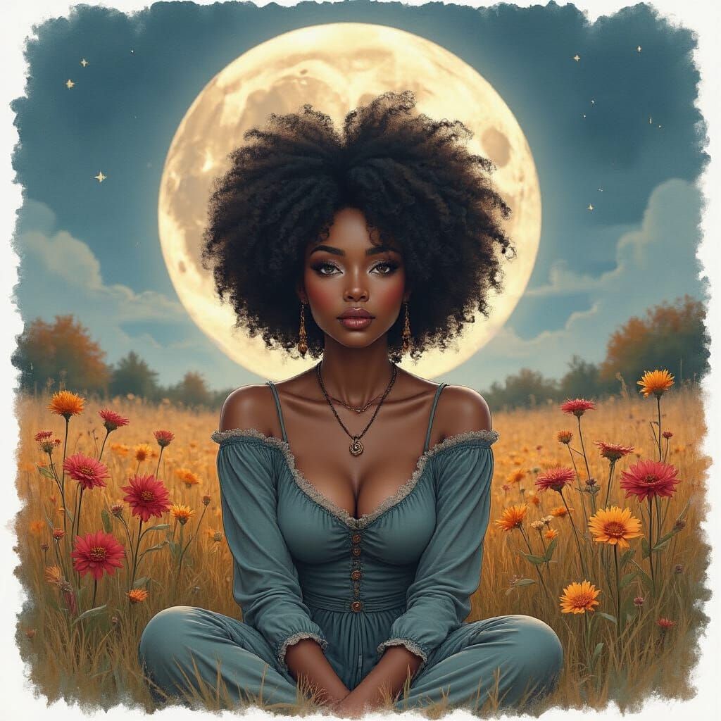 Afrofuturist Beauty in Fall Field Watercolor