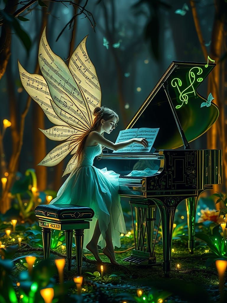 Ethereal Piano Fairy in Futuristic Forest