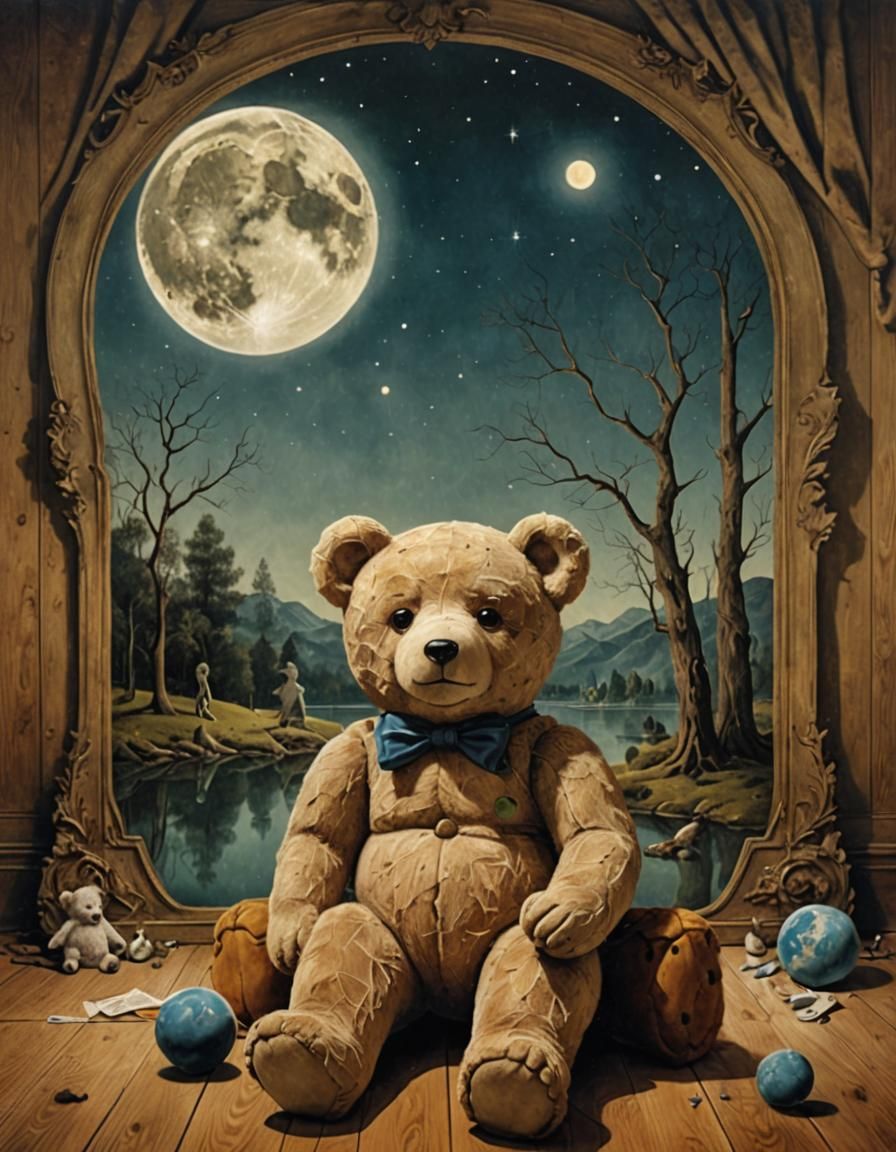 Surreal Teddy Bear Moon Scene: A Masterpiece
