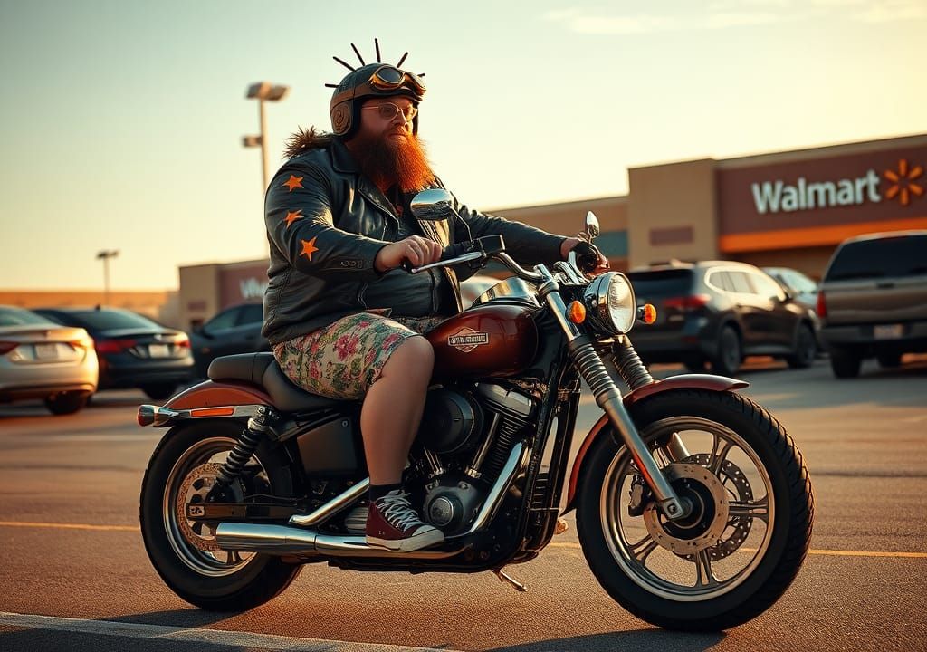 Biker in Walmart Parking Lot: Photorealistic Portrait