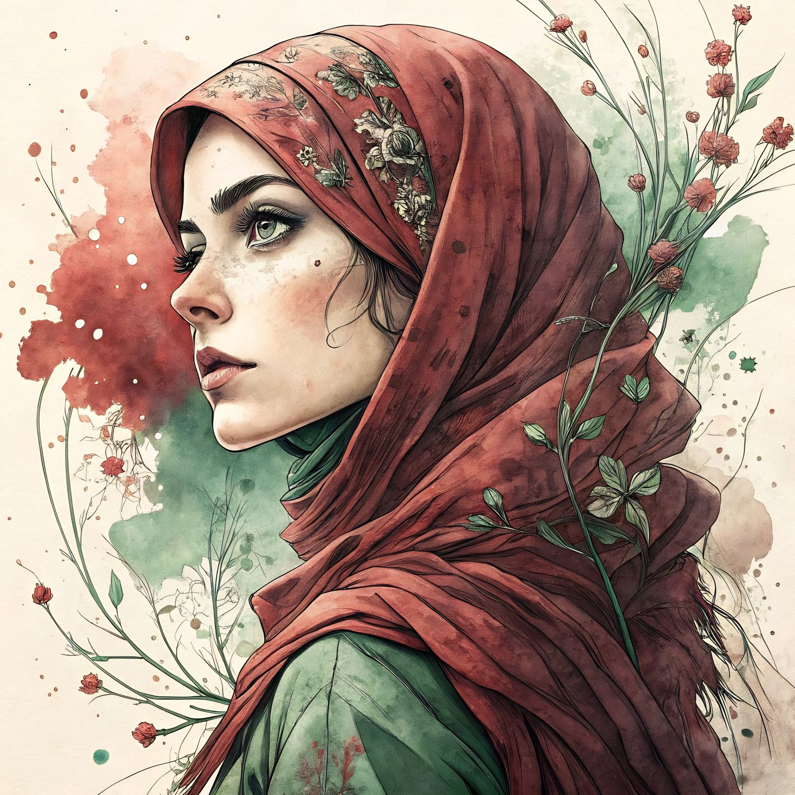 Palestinian Woman in Vibrant Red and Green Ink Drawing