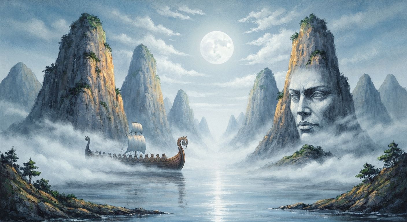 Viking Ship Amidst Misty Mountains: Watercolor Art