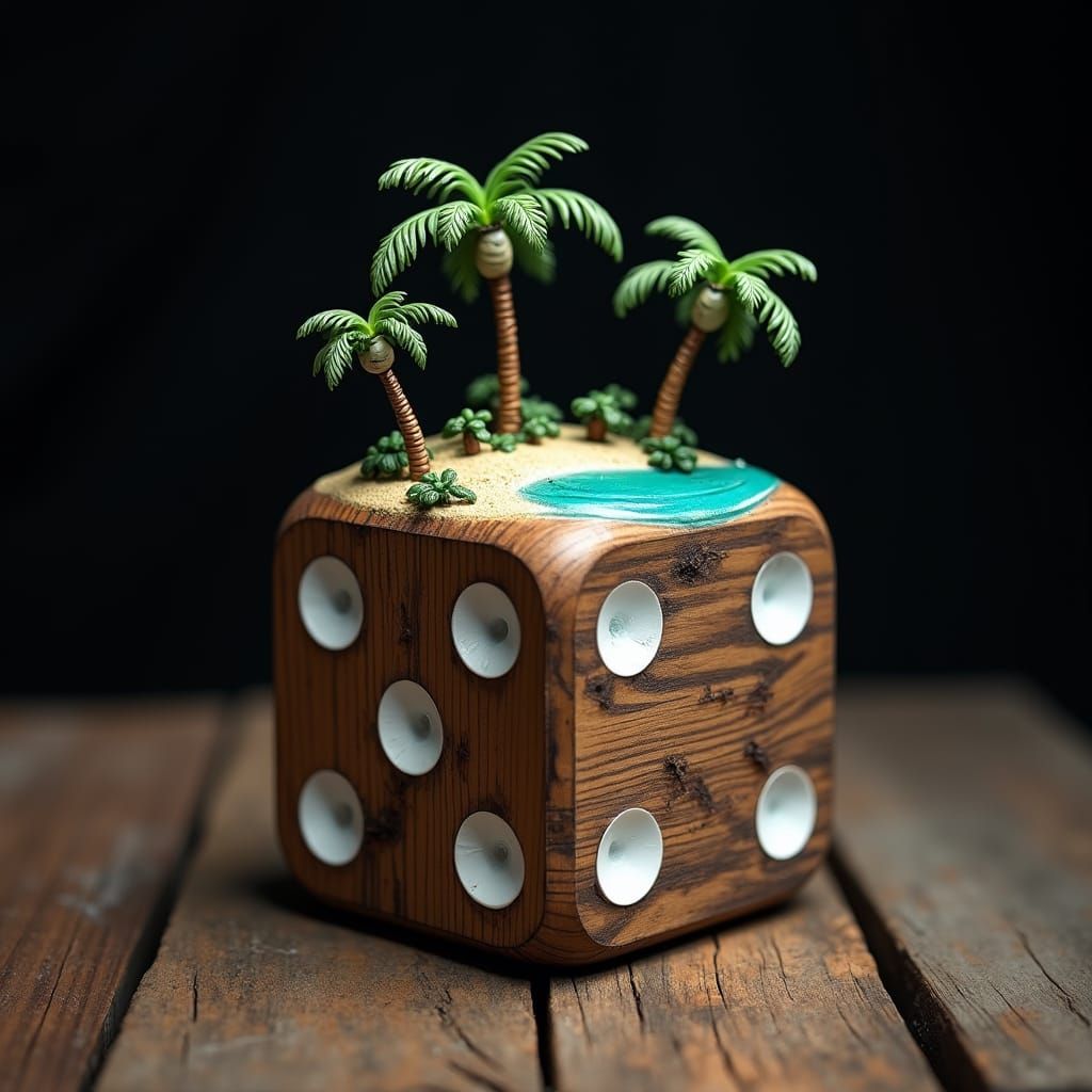 Surreal Paradise Scene on a Weathered Dice, in a Moody, Cybe...