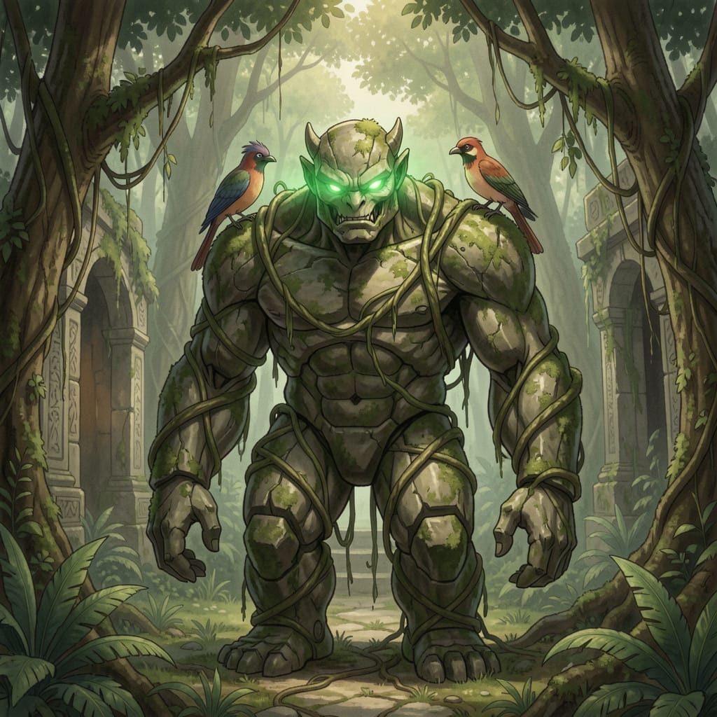 Mossy Stone Golem Guards Jungle Temple in Dark Fantasy Style