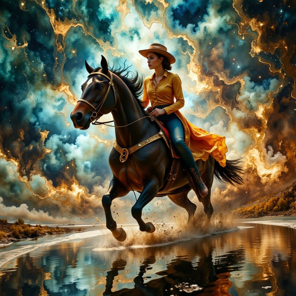 Cowboy and Lady Ride Through Hyperrealistic Dreamscape