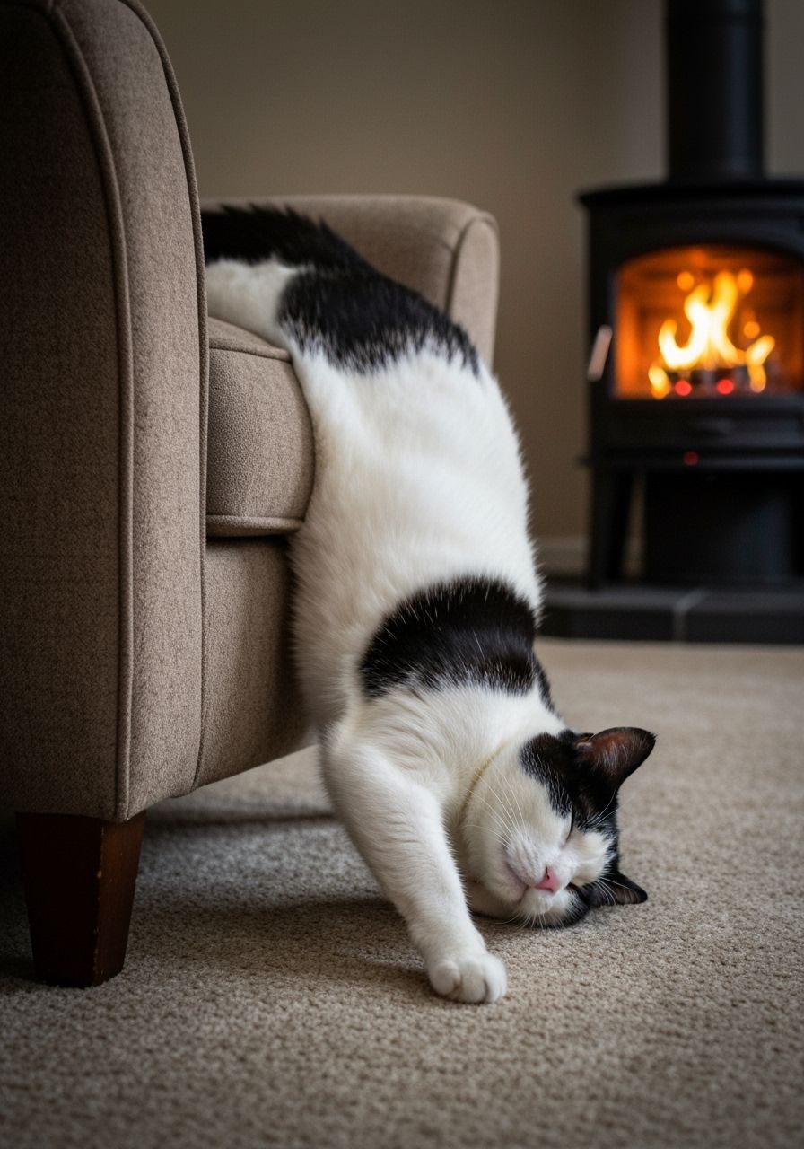 Liquid Black Cat Sleeps on Plush Armchair