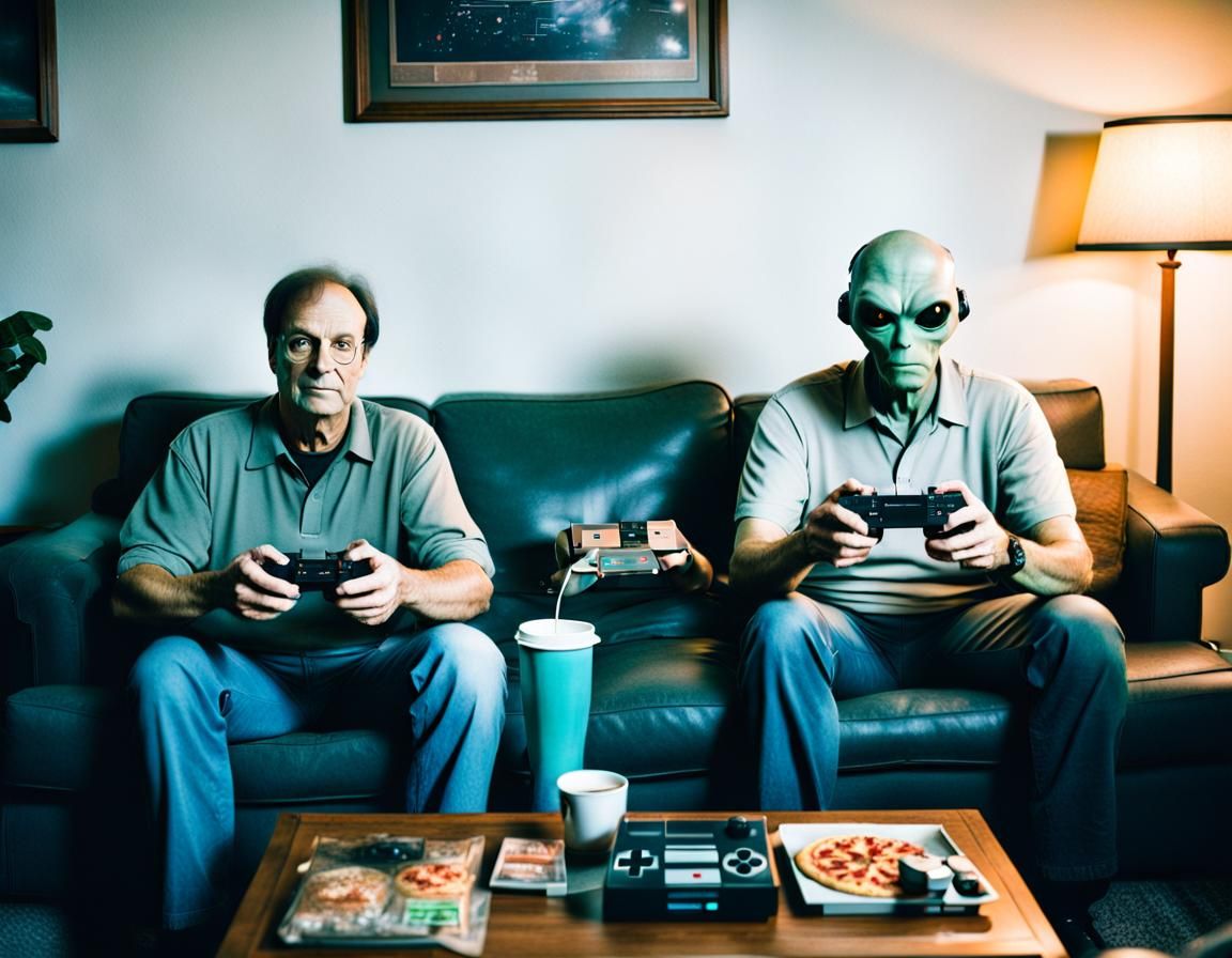 Retro Gaming Night: Man and Alien in Polaroid