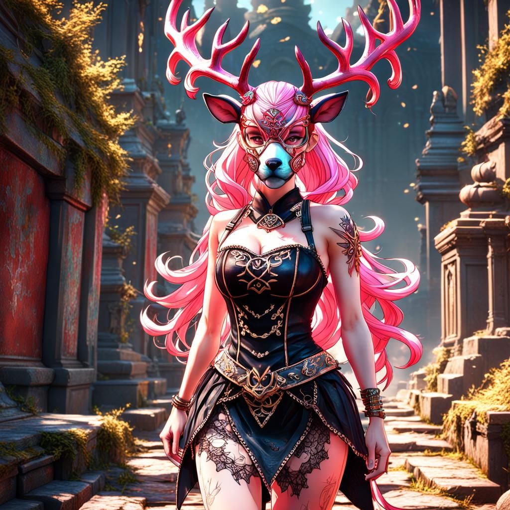Anime Woman with Deer Mask in Detailed Matte Painting