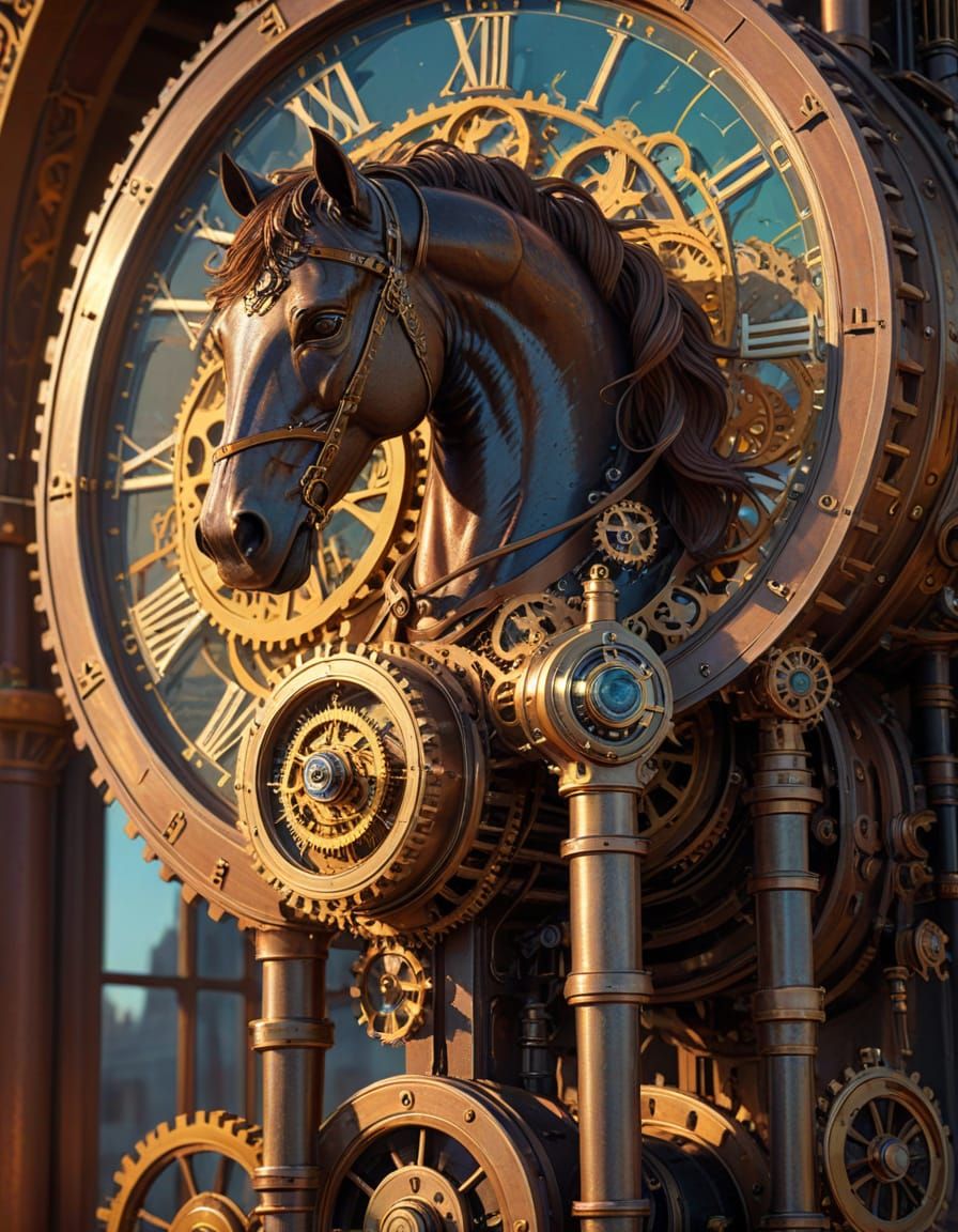 Steampunk Horse on Clock Tower in Art Nouveau Style