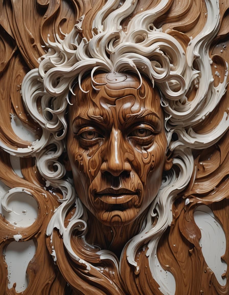 Surreal Wooden Face Sculpture in Fluid Motion