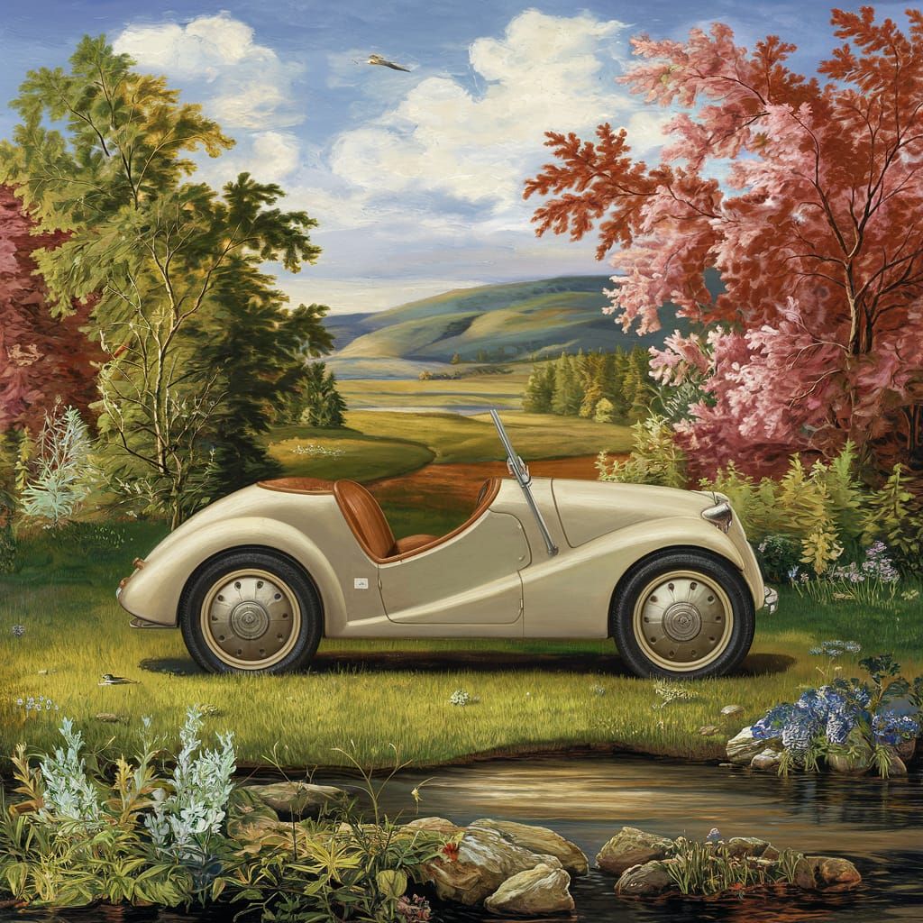 Reliant Robin Drives Through Landscape as Oil Painting