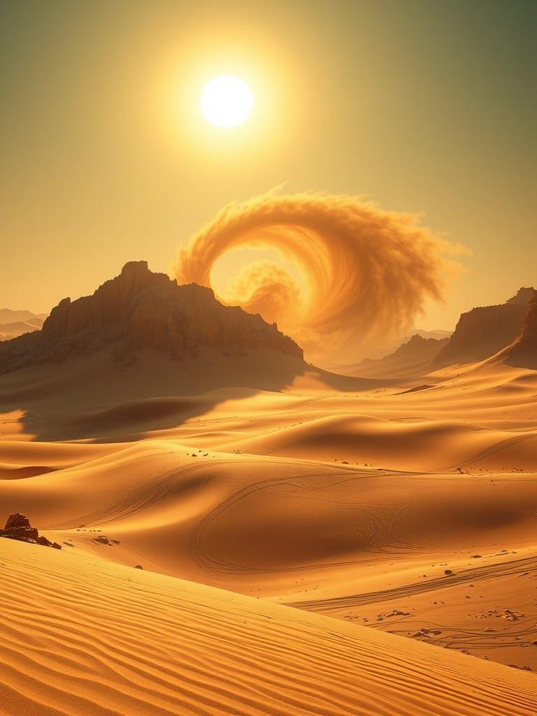 Majestic Desert Landscape with Swirling Sand Tornado