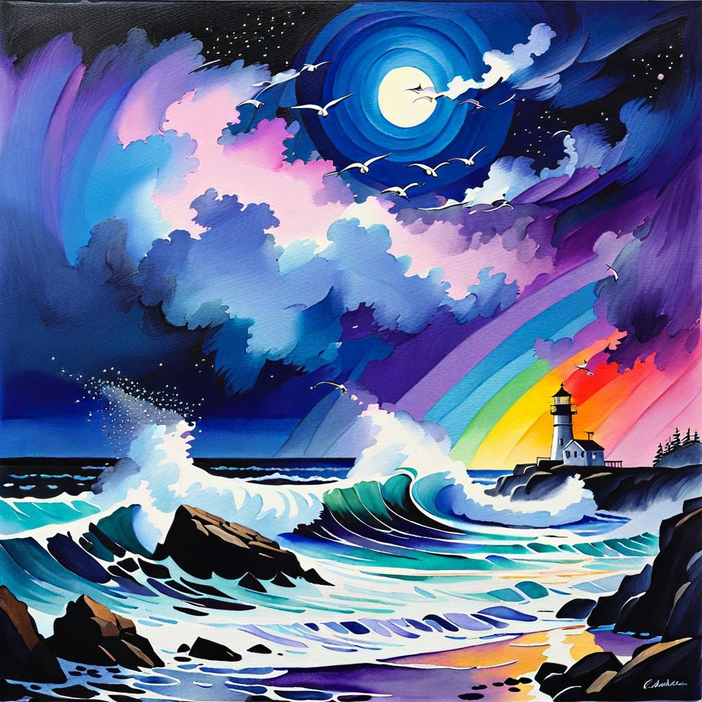 Moody Watercolor Seascape at Night with Lighthouse
