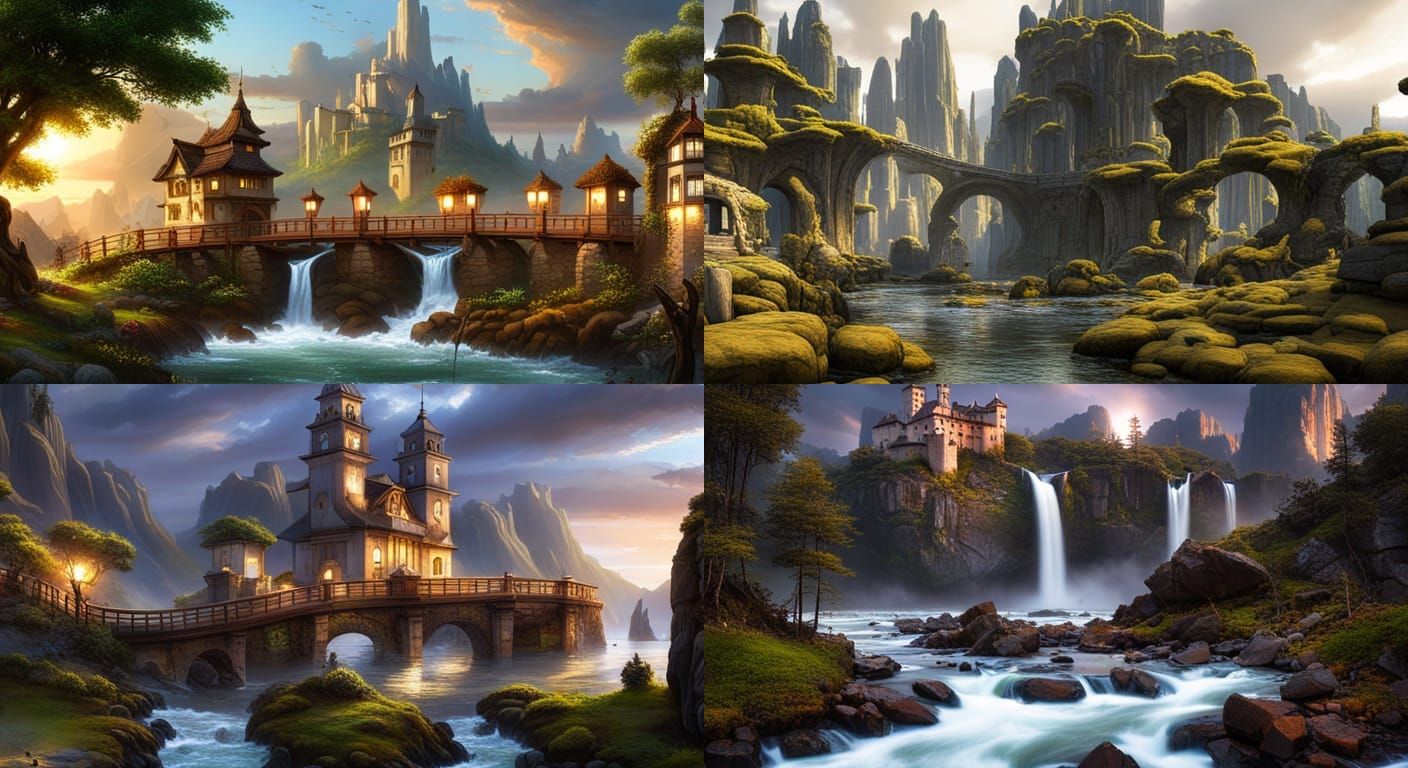 Elven City in Mountains at Sunset, Watercolor