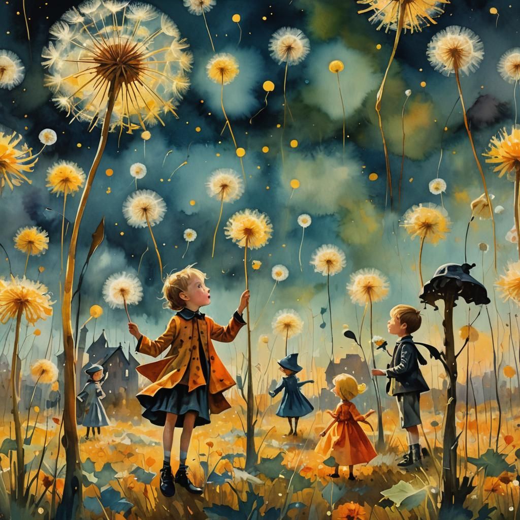 Surreal Halloween Dreamscape with Dandelions in Watercolor S...