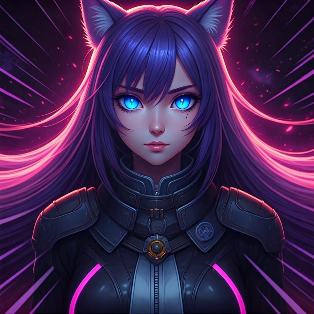Heroic Neko Woman in Cel-Shaded Anime Style