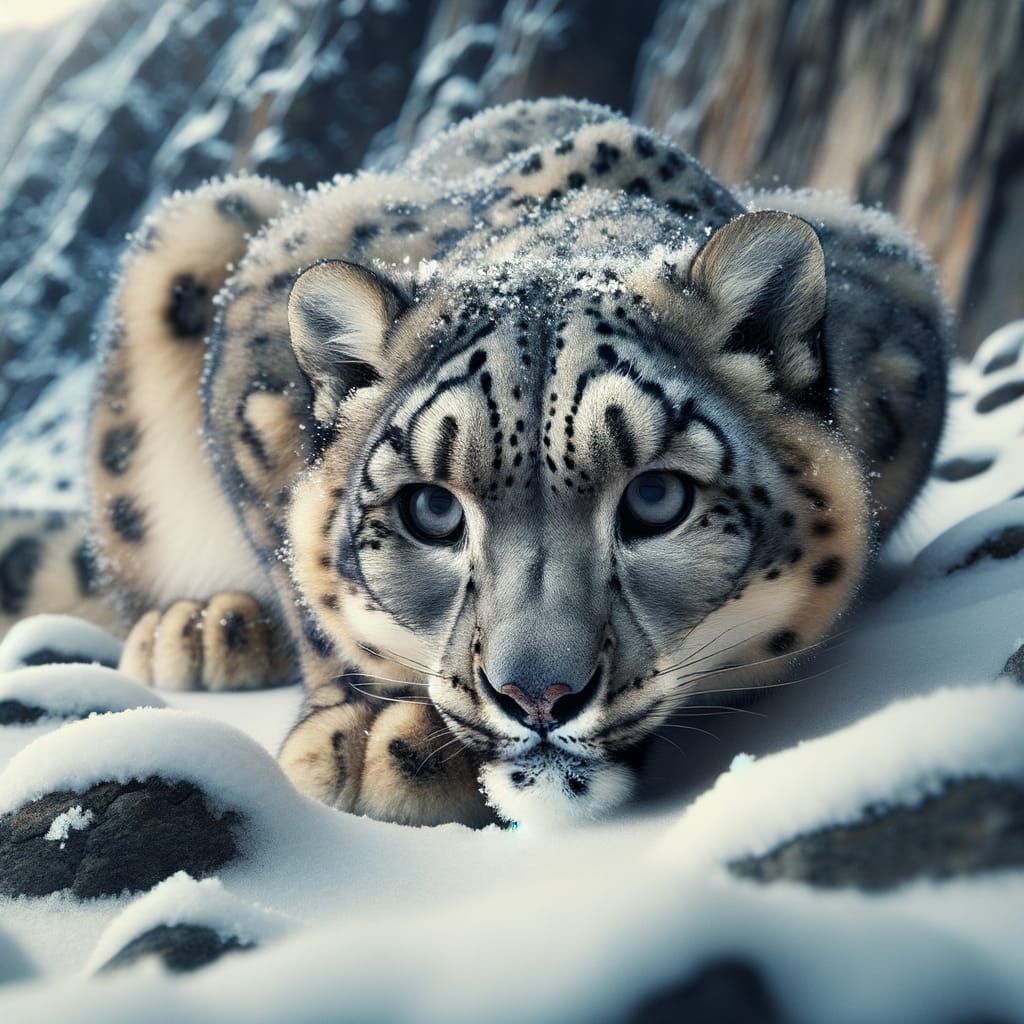 Hyperrealistic Snow Leopard Stealthily Stalking Through Snow