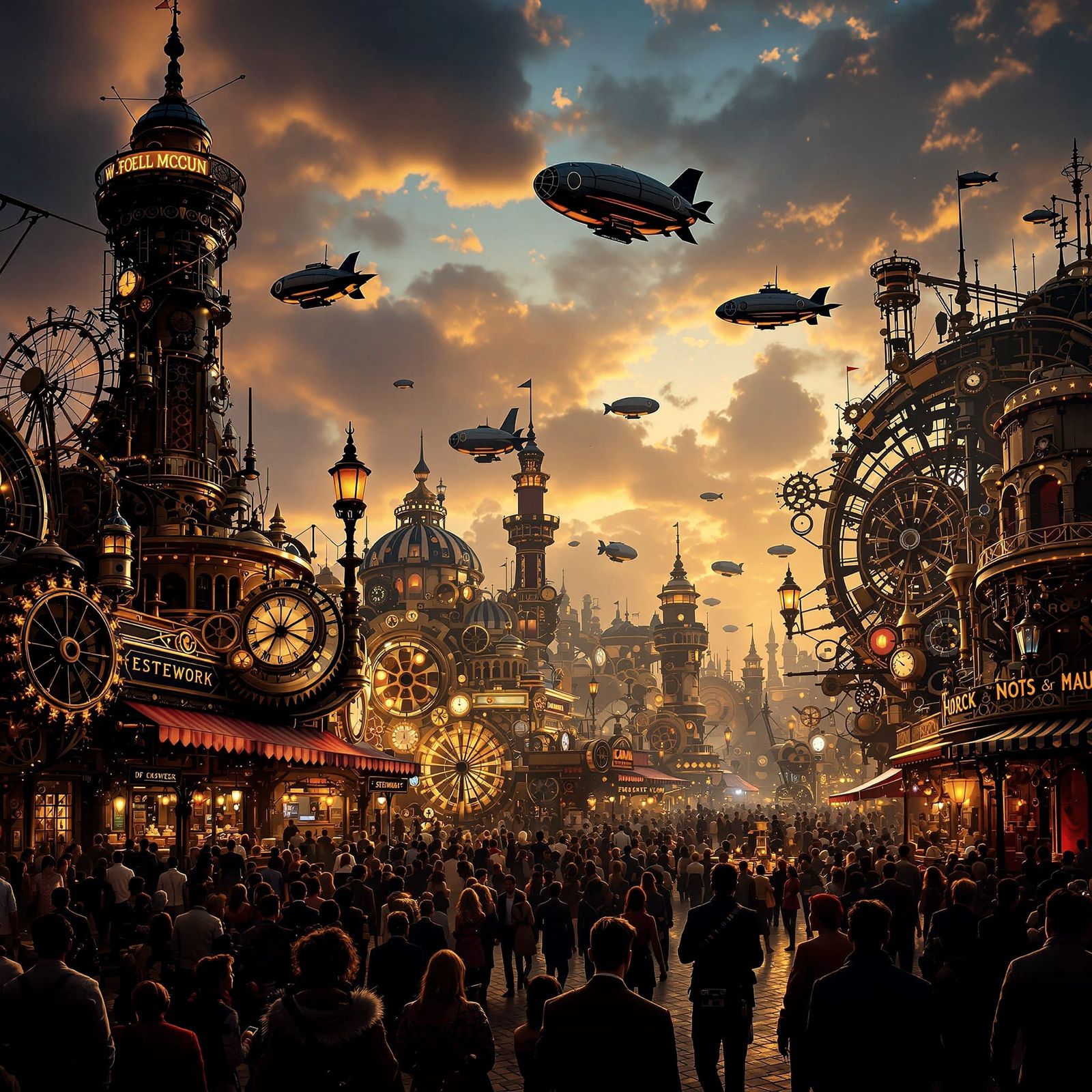 Steampunk Carnival at Twilight with Airships and Clockwork P...