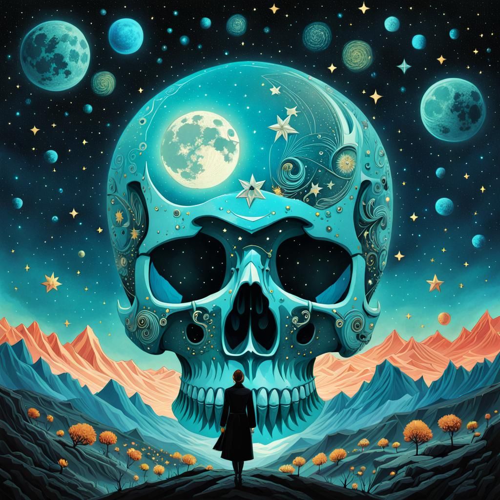 Cyan Skull Moon in Starry Night Sky