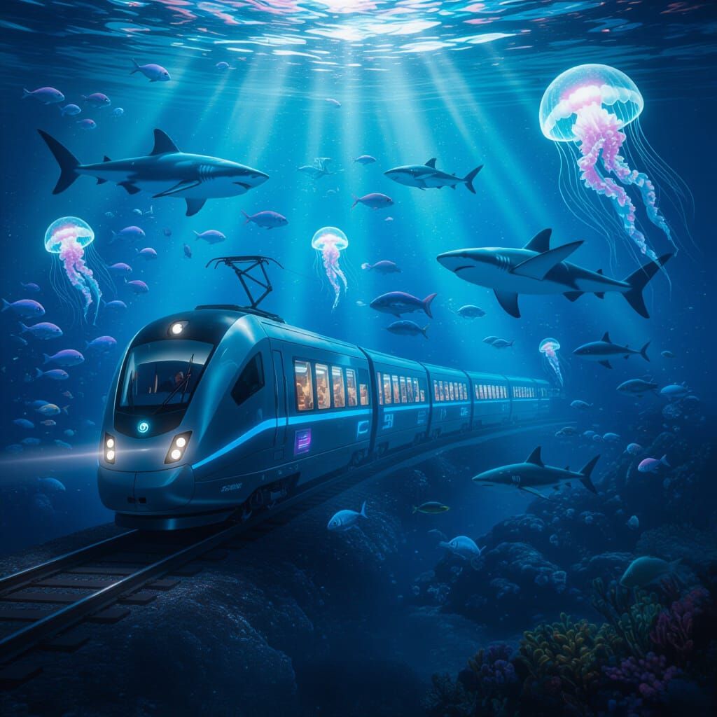 Futuristic Underwater Train Speeds Through Deep Sea Fantasy