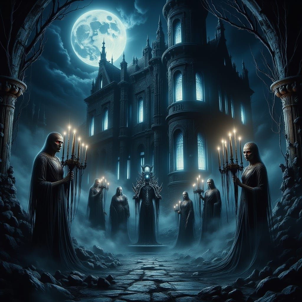 <lora:-Omnious-:1.0> Haunted Victorian  House  ,ghostly skel...