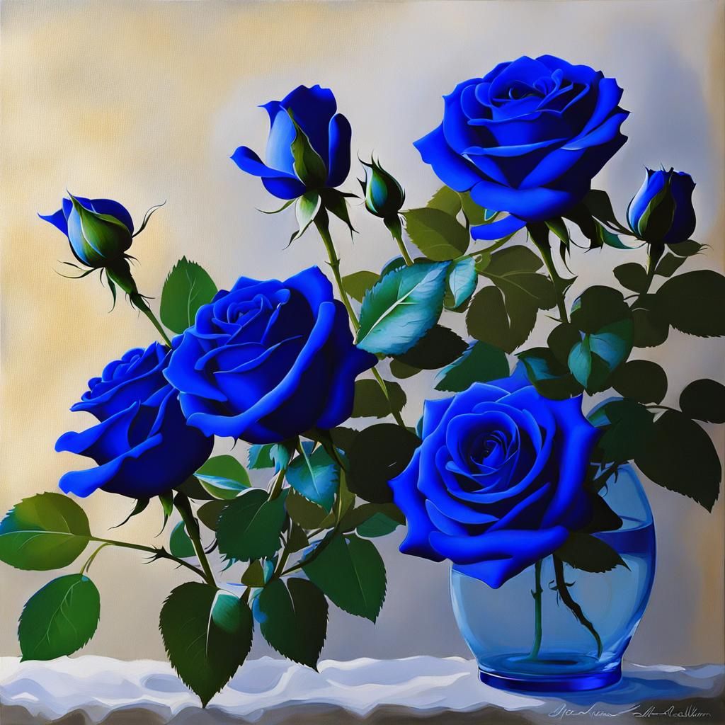 Large Cobalt Blue Roses in Airbrush Art Style