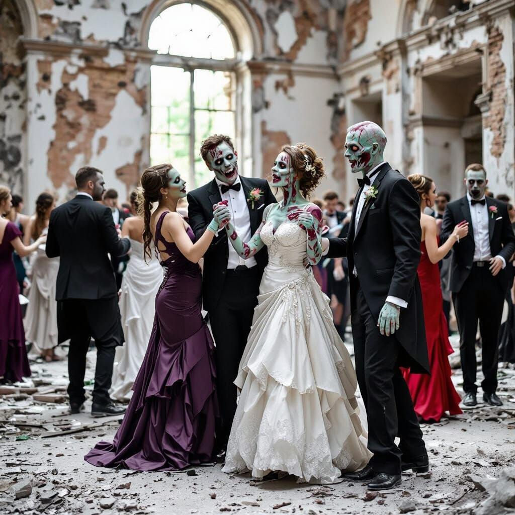 Zombies in Formal Wear Dance in Ruined Hall