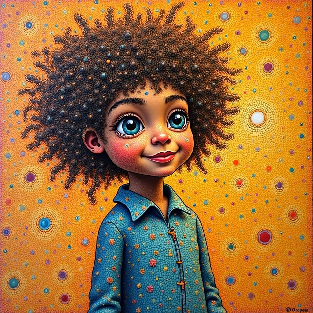 Pointillist Portrait of Playful Child with Radiant Light