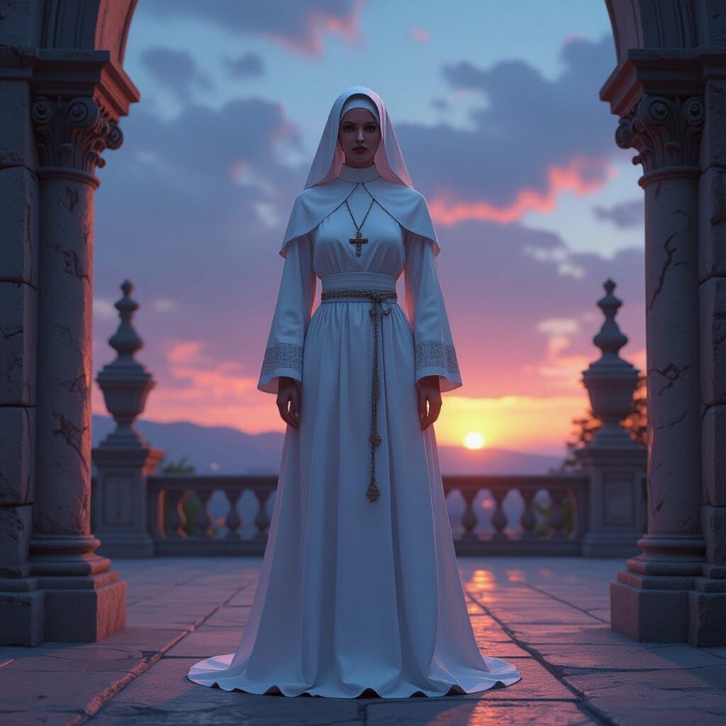 Muscular White Nun in Twilight Courtyard