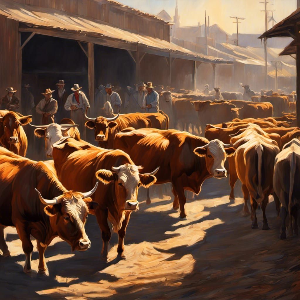 Vibrant Cattle Market Drawing with Dramatic Lighting