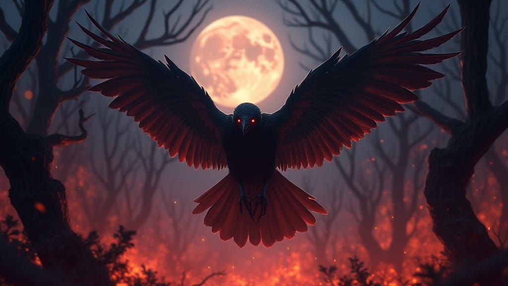 Majestic Raven Soars Through Burning Forest