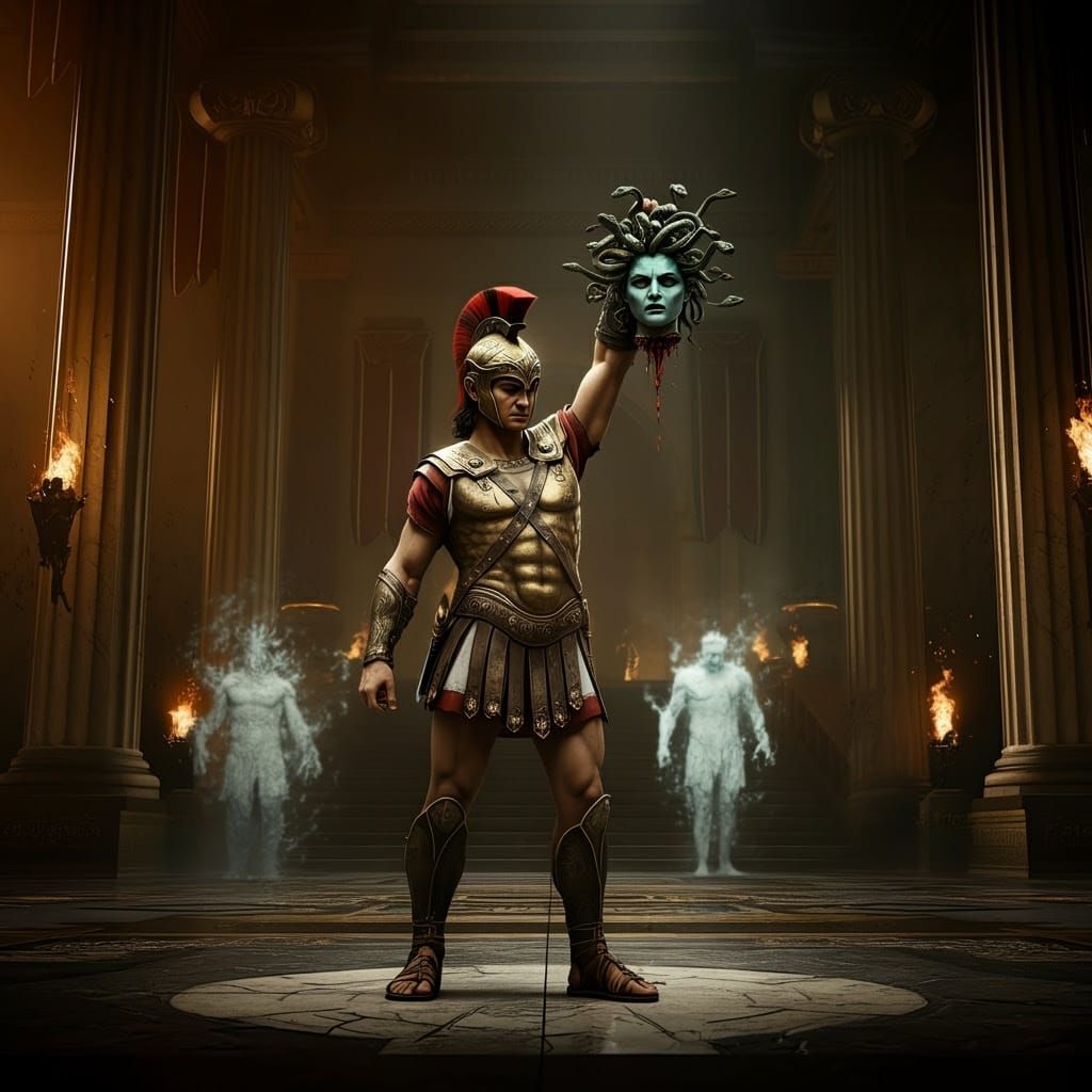 Greek Mythology Hero Perseus Triumphs Over Medusa in a Grand...